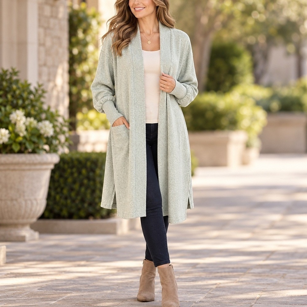 Carve Designs Women's XL Green Cream Marl Open Front Longline Cardigan Pockets